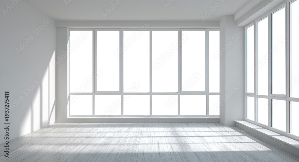 Obraz premium Bright empty room interior with panoramic windows, isolated on transparent cutout background