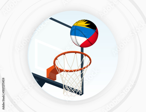 Antigua and Barbuda Flag Themed Basketball in Motion, Scoring Moment in Basketball Game.