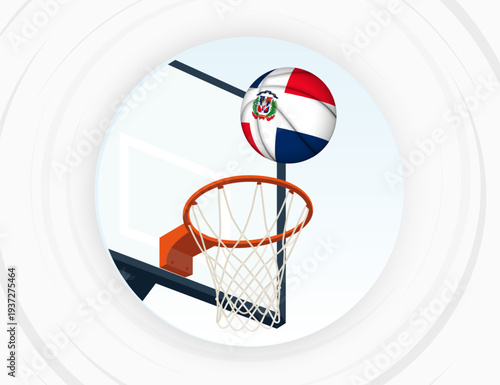 Dominican Republic Flag Themed Basketball in Motion, Scoring Moment in Basketball Game.