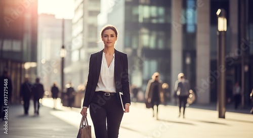 A confident businesswoman walking down a city street with a briefcase in hand