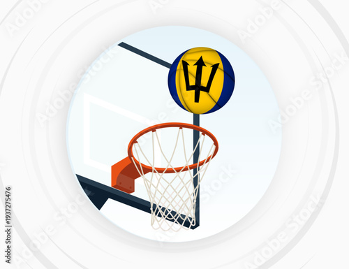 Barbados Flag Themed Basketball in Motion, Scoring Moment in Basketball Game.