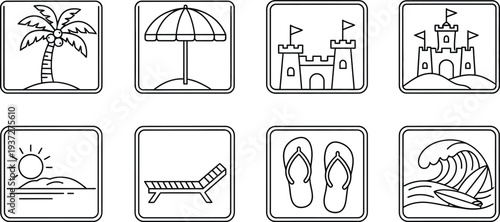 Beach vacation icons and symbols