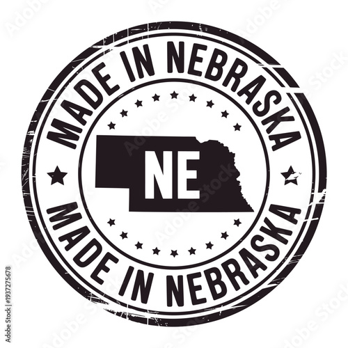 Circular badge displaying made in nebraska with state outline and abbreviation
