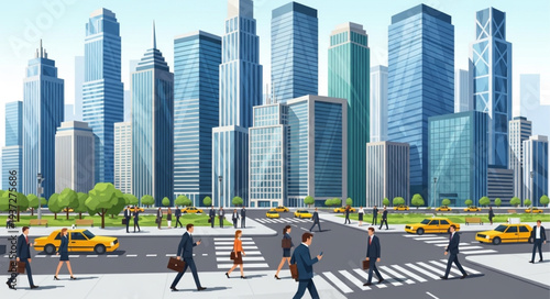 Modern City Skyline with Tall Skyscrapers and Busy Streets.