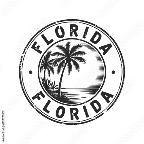 Vintage style stamp featuring palm trees and the word florida