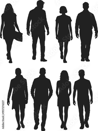 People walking silhouettes set of men and women in casual clothing, group of diverse adults moving forward on white background