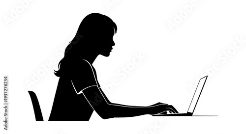 Silhouette of a focused young woman working on a laptop at a desk, isolated white background.
