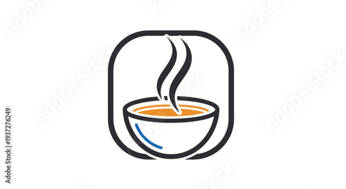 Steaming hot bowl in a rounded square icon, warm comfort food or beverage concept, isolated white background.