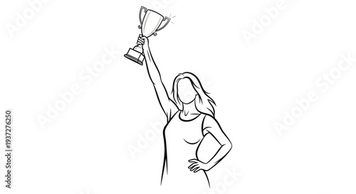 Happy young woman holding a golden trophy up in victory, celebrating success, isolated white background.