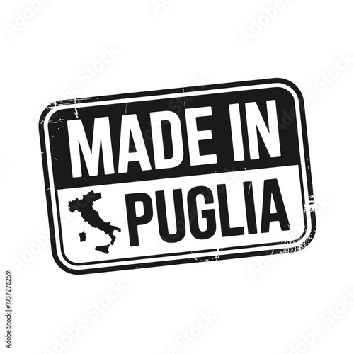 A black and white stamp displaying made in puglia with a heel shape