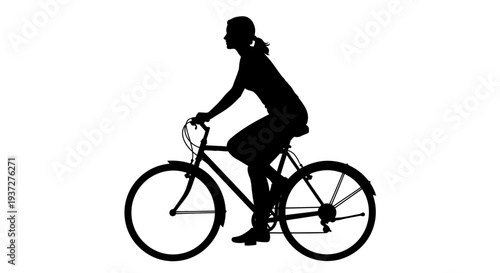 Active woman riding a bicycle in silhouette on isolated white background.