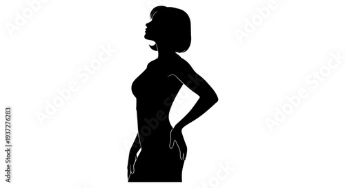 Confident woman showing slender figure in side profile silhouette with hands on hips on isolated white background.
