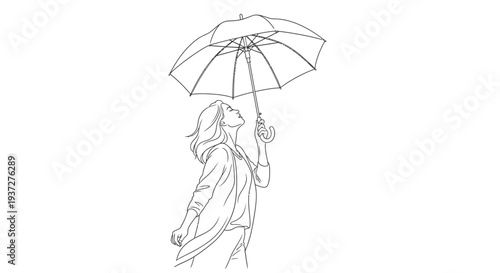 Serene woman holding an open umbrella looking up in line art style on isolated white background.