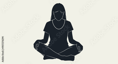 Peaceful woman meditating in lotus pose silhouette in bright studio background.