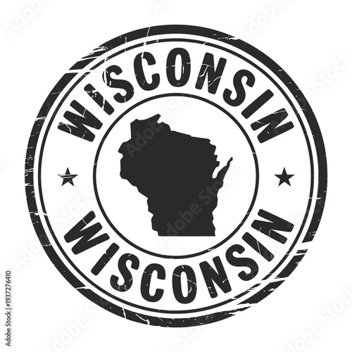 Grunge style stamp of wisconsin with state outline and stars