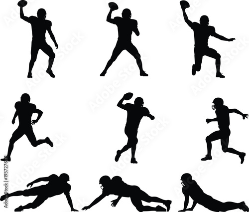 Set of American football player silhouettes showing quarterback throwing motion, athletes running, sprinting, tackling, and action poses for sports graphic design.