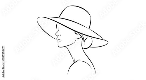 Elegant woman wearing a stylish wide-brimmed hat, looking to the side, isolated white background.