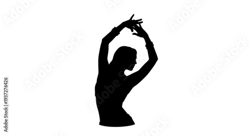 Energetic woman dancing with expressive arm movements, isolated white background.