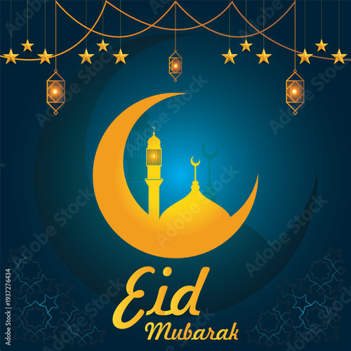 happy eid mubarak design, happy eid mubarak card, happy eid mubarak template, with moon, masque, stars, lantern, dark blue background wirh vector illustration  