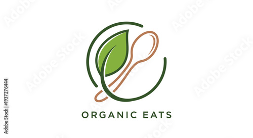 Organic Eats logo with leaf and spoon, representing healthy natural food, isolated white background.