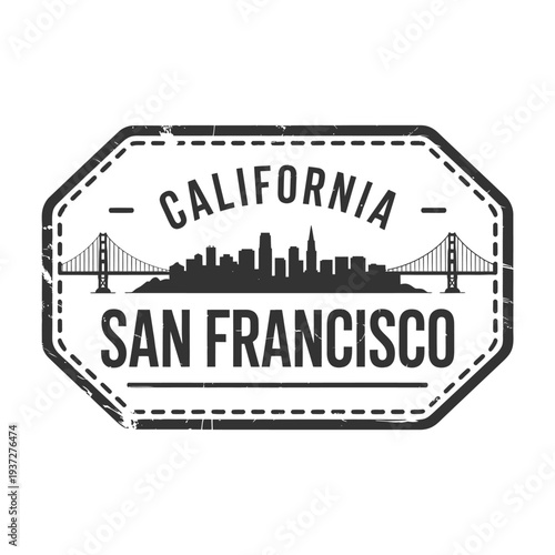Vintage style stamp featuring the california skyline and golden gate bridge