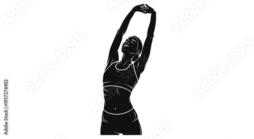 Young athletic woman stretching arms overhead in a yoga or fitness pose, isolated white background.