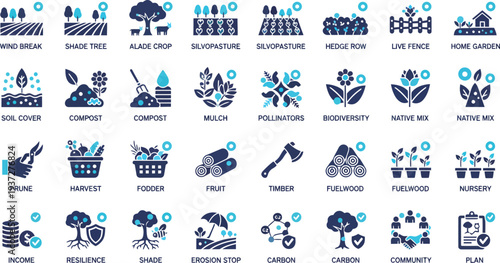 Vector icons representing sustainable agriculture practices and biodiversity enhancement strategies