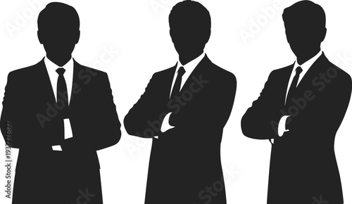 Successful business professional silhouettes set of three men in suits with crossed arms, confident businessmen icons on white background