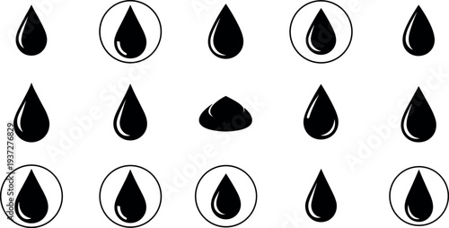 Water drop icons collection, liquid droplet symbols, oil raindrop shapes minimal black vector illustration set