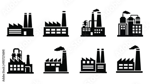 Collection of black silhouette factory and industrial building icons