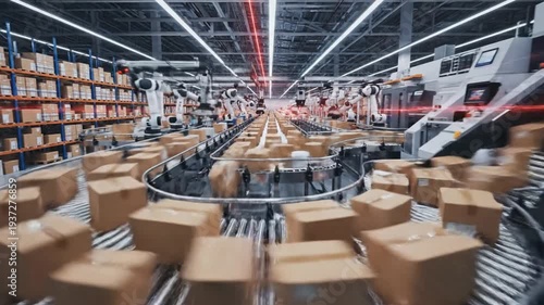 Automated robotic arms efficiently sort and move packages on a conveyor belt system in a modern
