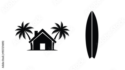 Tropical beach scene with a house palm trees and surfboard