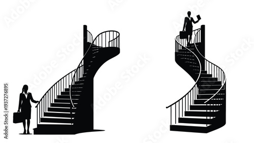 Silhouettes of business people ascending and descending a spiral staircase