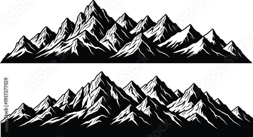 Majestic mountain range silhouettes, black and white alpine peak vector, rugged nature landscape illustrations for outdoor adventure design elements