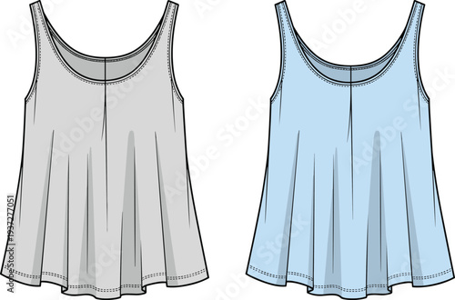 Relaxed sleeveless tank top for women cad drawing flat vector illustration with scoop neckline and flowy hem for fashion design