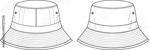 Unisex bucket hat front and back view cad drawing flat vector illustration with stitched brim and eyelets for apparel design