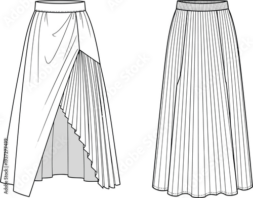 Asymmetric wrap maxi skirt front and back view cad drawing flat vector illustration with pleated panel and elastic waistband for apparel
