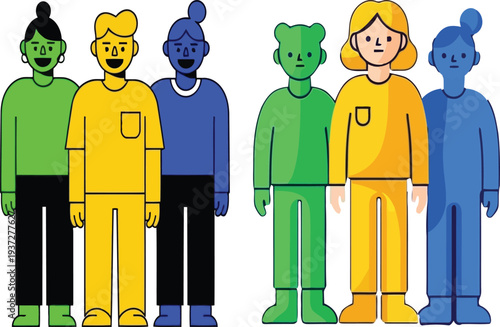 A group of colorful cartoon people standing together in a line