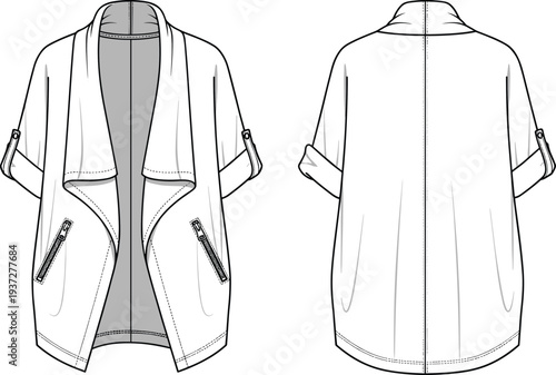 Open front draped cardigan with roll tab sleeves and zipper pockets cad drawing flat vector illustration for apparel design tech pack