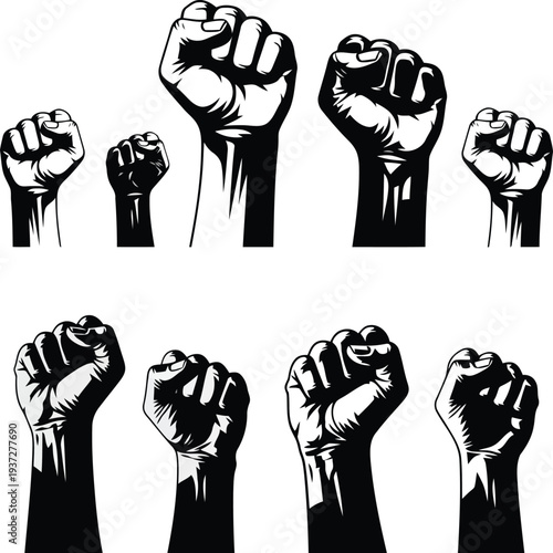 Collection of raised fists in various sizes and positions