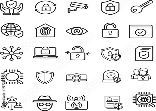 Collection of various security and protection icons in line art style