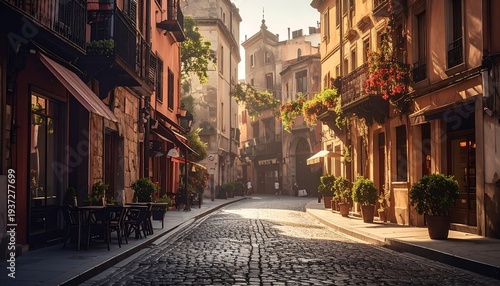 Old European city street with stone pavement and buildings with balconies, bathed in golden light