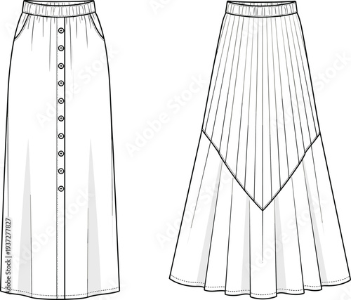 Button front maxi skirt front and back view cad drawing flat vector illustration with elastic waistband and pockets for apparel