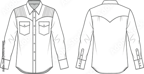 Men western denim shirt front and back view cad drawing flat vector illustration with pointed yoke pockets and buttoned cuffs