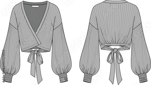 Ribbed wrap crop top front and back view cad drawing flat vector illustration with balloon sleeves and tie waist detail