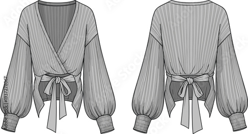 Ribbed wrap top front and back view cad drawing flat vector illustration with balloon sleeves and waist tie for apparel