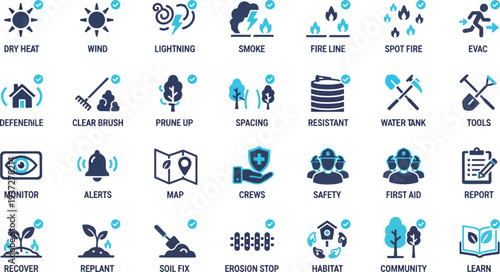 Vector icons representing wildfire safety and prevention measures in a grid layout