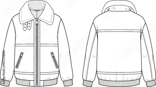 Aviator shearling bomber jacket front and back view cad drawing flat vector illustration with zipper details and faux fur collar