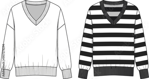 Two color variations of v neck sweater cad drawing flat vector illustration with striped pattern and ribbed trim for apparel design