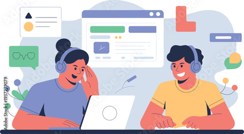 Two people collaborating on a project using laptops and communication devices